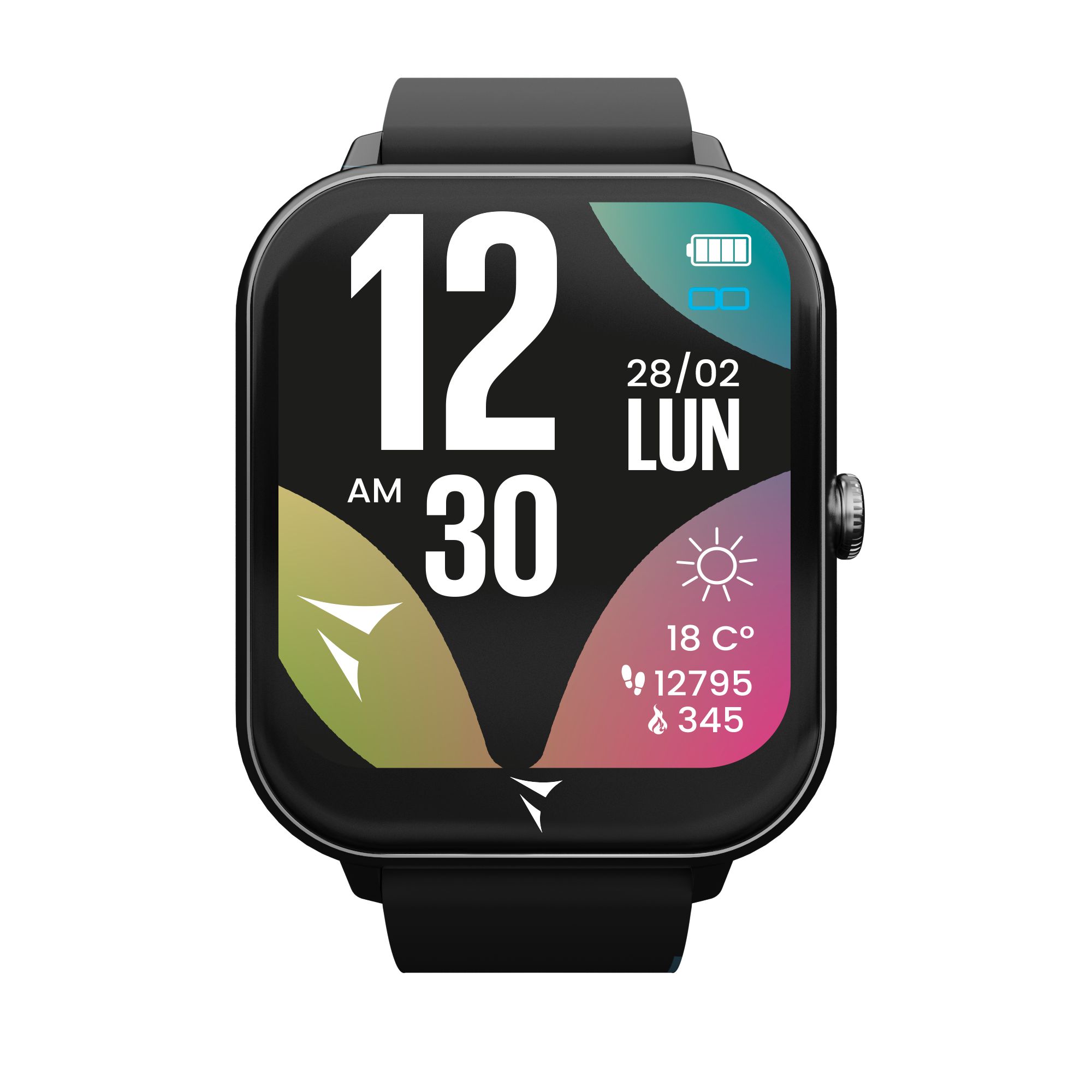 Lo smartwatch Techmade Vision Revolution mostra l'ora e la data sullo schermo nero. Lo schermo mostra l'ora, la data e la temperatura. L'orologio ha un cinturino nero e un pulsante laterale.