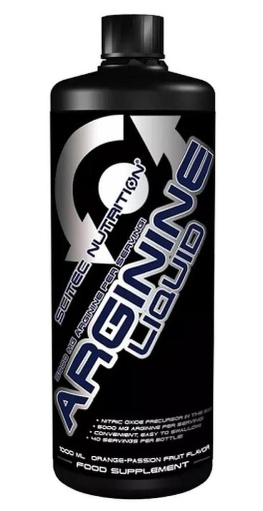 Schwarze Flasche mit Scitec Nutrition Arginine Liquid-Etikett. Silberne Pfeile, blauer Schriftzug. 1000 ml, Orange-Passionsfrucht.