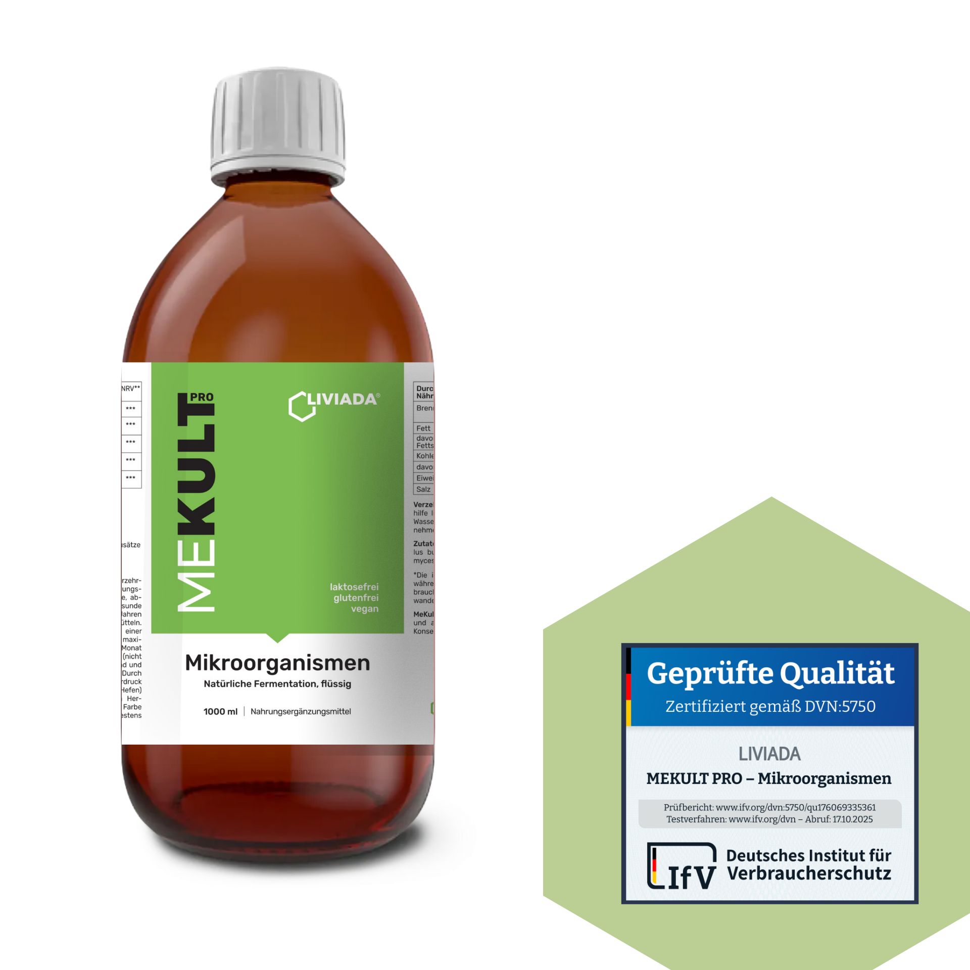 Braune Flasche LIVIADA MEKULT PRO. Grünes Etikett. 'Geprüfte Qualität' Siegel.