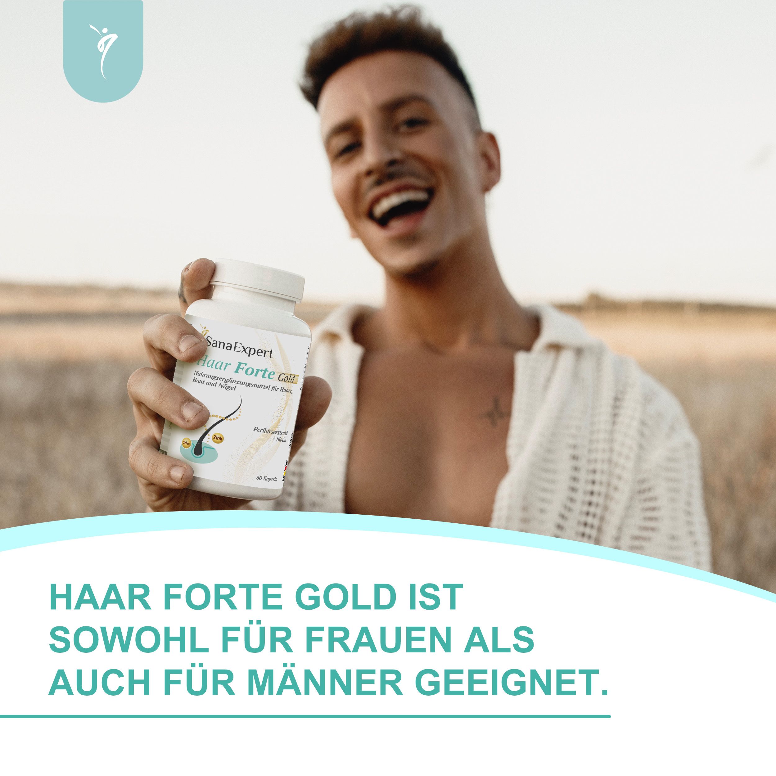 Mann mit Flasche SanaExpert Haar Forte Gold, die für Männer und Frauen geeignet ist.