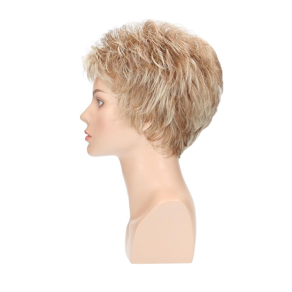 Perücke Anna von Lofty in Sandmix gesträhnt, auf einem Schaufensterkopf. Profilansicht, blonde Haare.
