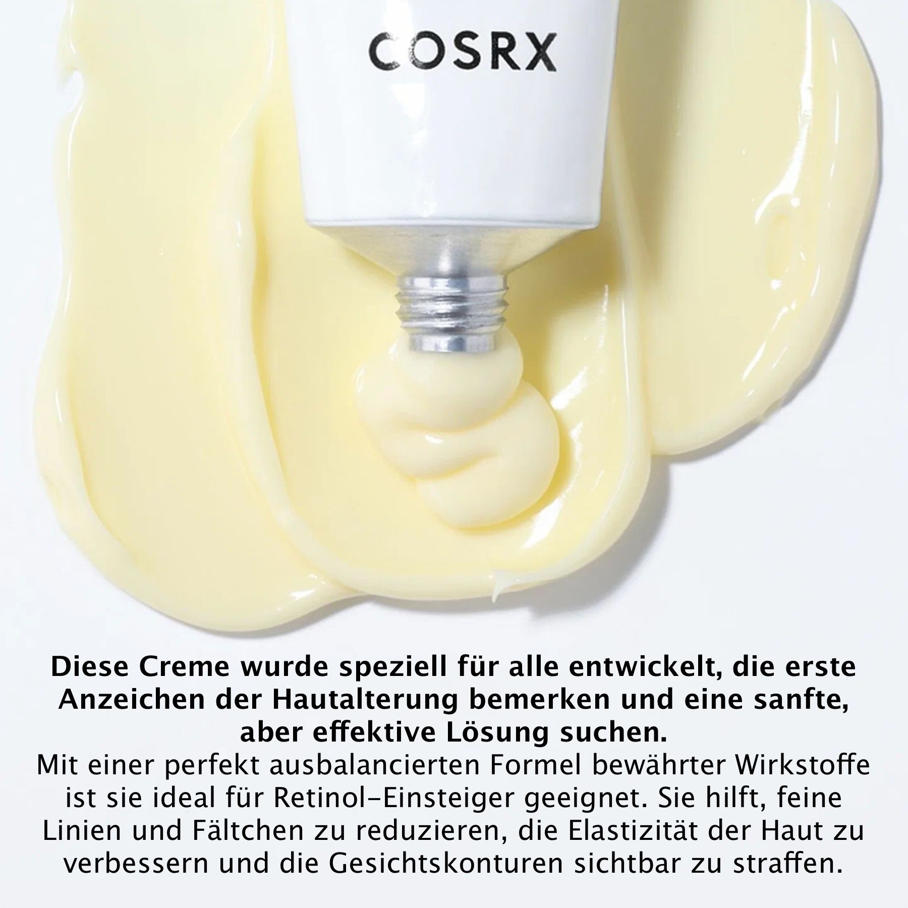 Creme aus Tube. Text: Diese Creme wurde speziell für alle entwickelt, die erste Anzeichen der Hautalterung bemerken.