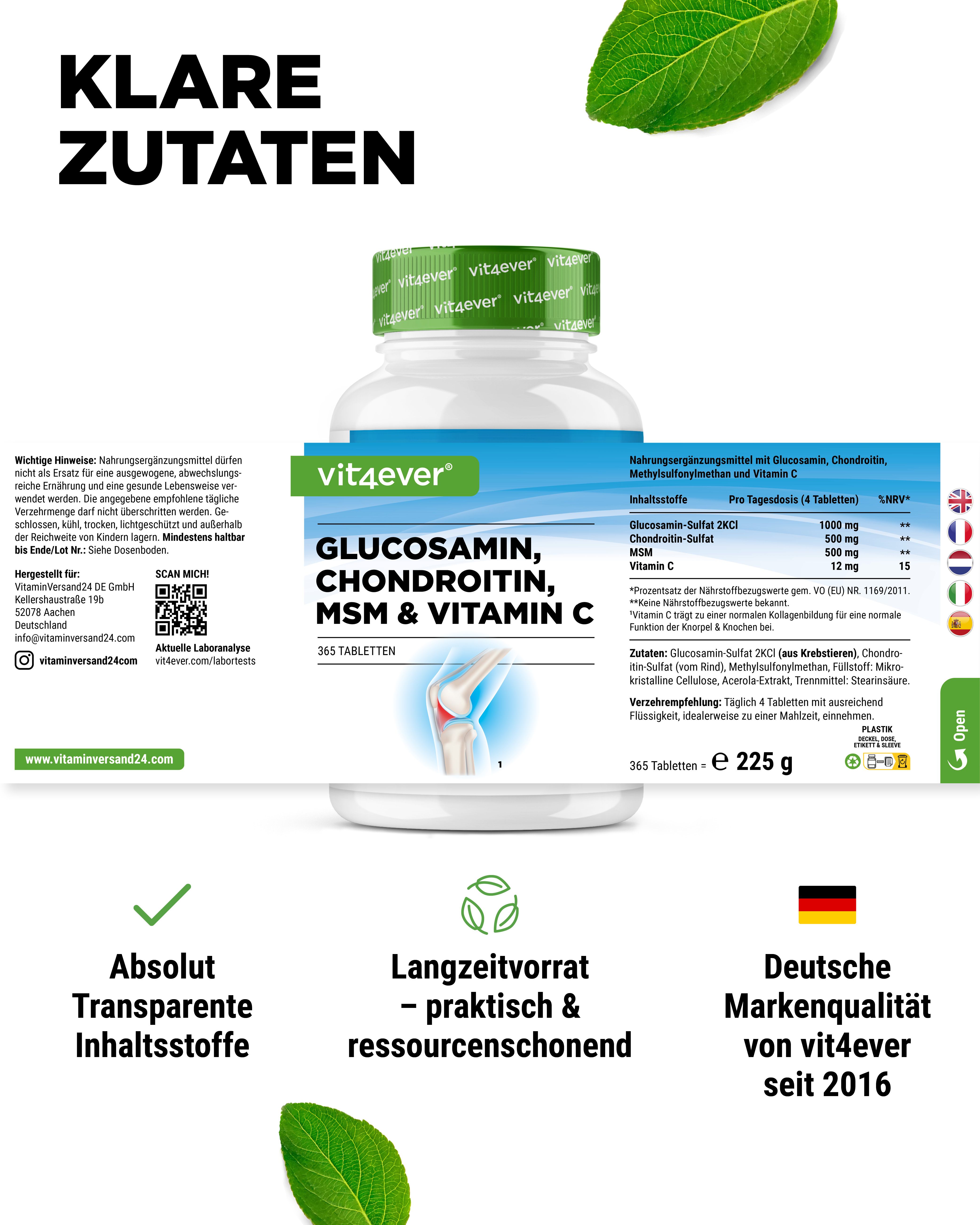 Vit4ever Glucosamin, Chondroitin, MSM & Vitamin C Dose mit Nährwertangaben. Deutsche Markenqualität seit 2016. Hergestellt in Deutschland & Europa.
