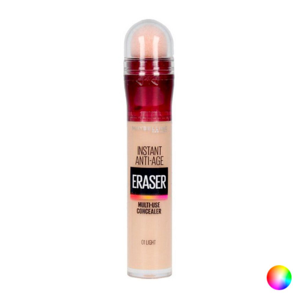 Maybelline New York Eraser Concealer. Beige Tube mit Schwamm-Applikator. Text: Instant Anti-Age, Eraser, Multi-Use Concealer, 01 Light.