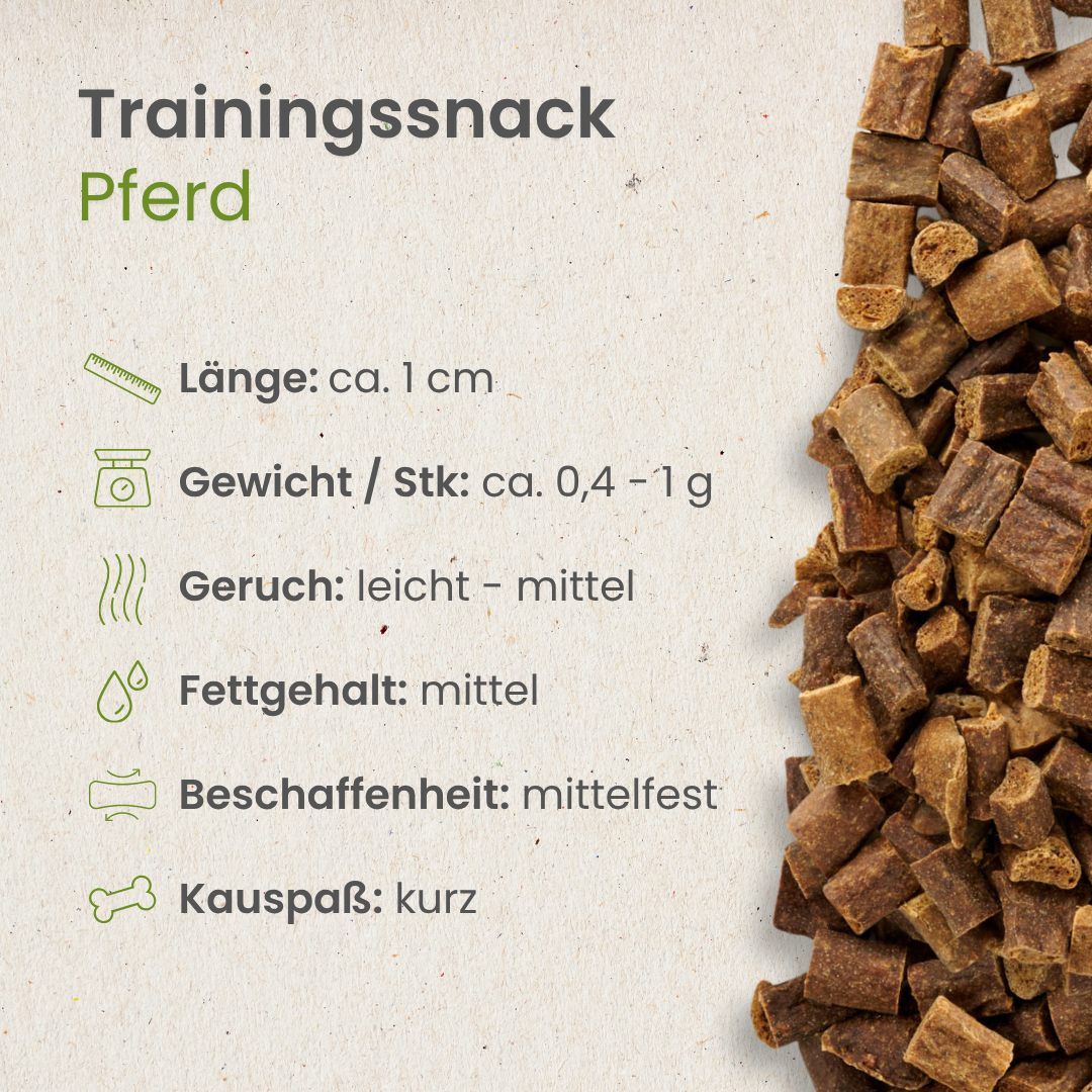 Details zu Trainingssnacks für Pferde: Länge, Gewicht, Geruch, Fettgehalt, Beschaffenheit, Kauspaß.