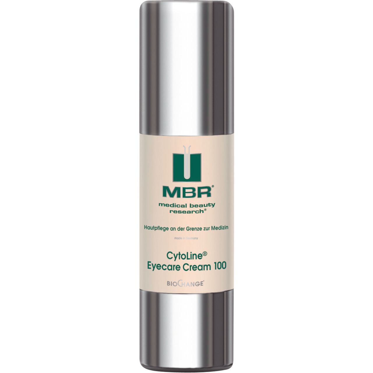Zylindrische Flasche mit silberner Kappe. Aufschrift: MBR medical beauty research, CytoLine Eyecare Cream 100.