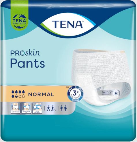 Verpackung von TENA ProSkin Pants. Produktansicht. Text: Normal, 3x Schutz, FeelDry. Piktogramme: Anwendung, Passform, Sicherheit.