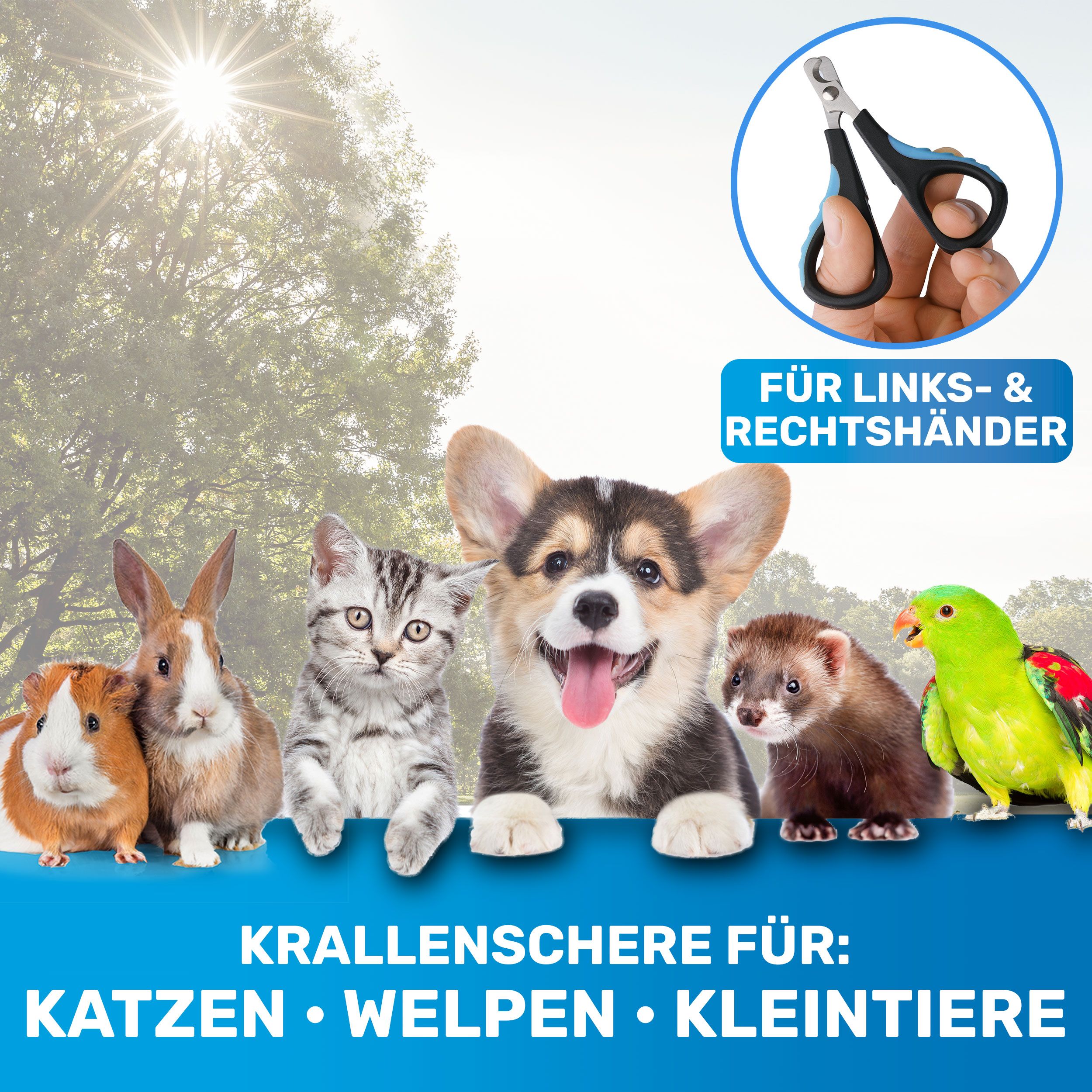 Krallenschere für Katzen, Welpen & Kleintiere. Abgebildet sind verschiedene Tiere und eine Krallenschere.
