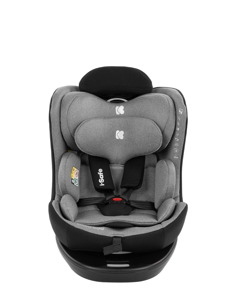 Grauer Kindersitz mit verstellbarer Kopfstütze und 5-Punkt-Gurt.