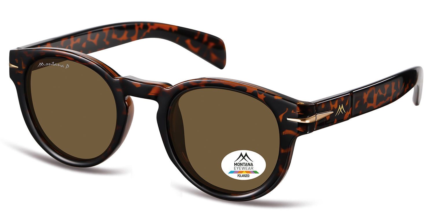 Sonnenbrille mit braunen Gläsern und Schildpatt-Muster. Montana Eyewear Logo und Polarized-Aufkleber.