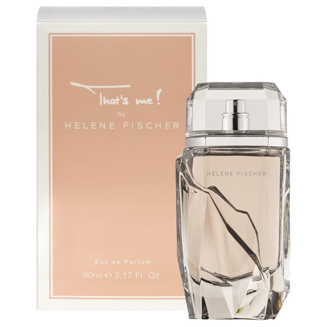 Parfümflakon und Verpackung. Flakon mit Facettenschliff, durchsichtig. Verpackung mit Schriftzug 'That's me! by Helene Fischer'.