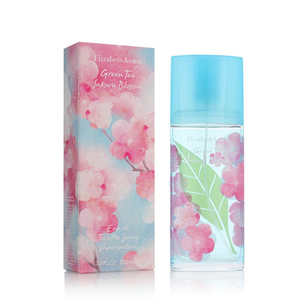 Flakon und Schachtel mit floralem Design. Aufschrift: Elizabeth Arden Green Tea Sakura Blossom. Hellblauer Deckel.