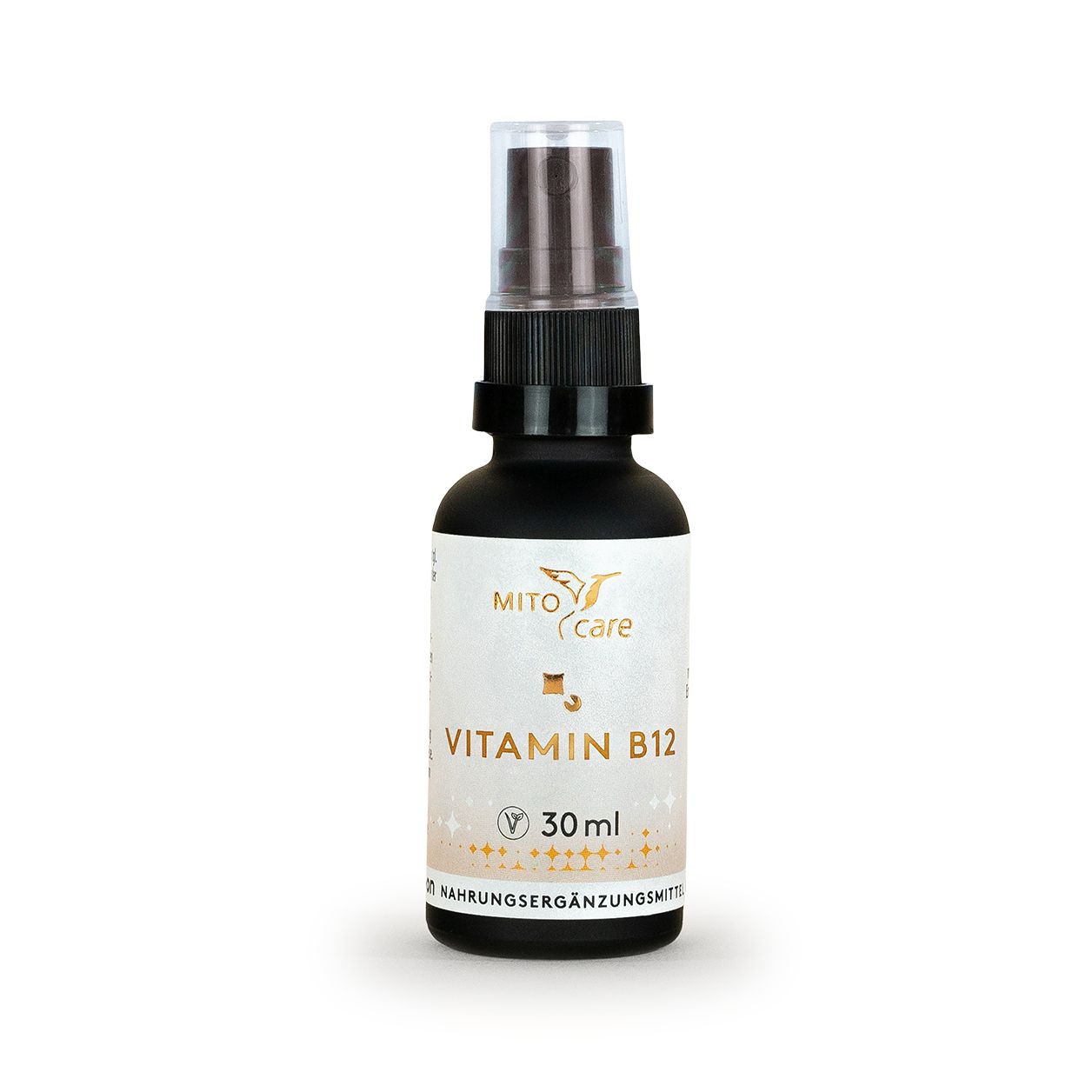 MITOcare Vitamin B12 Lipo Spray in dunkler Glasflasche mit Pumpsprühkopf, 30 ml.