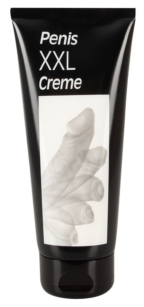 Schwarze Tube mit weißem Etikett. Aufschrift: Penis XXL Creme. Abbildung eines Penis.