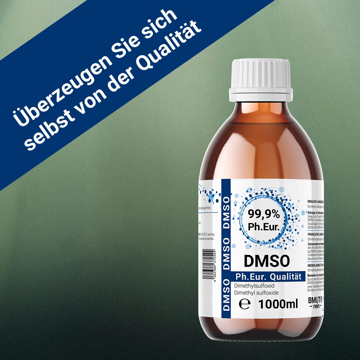Braune Glasflasche mit weißem Schraubverschluss, gefüllt mit 1000ml DMSO, 99,9% Ph.Eur. Qualität.