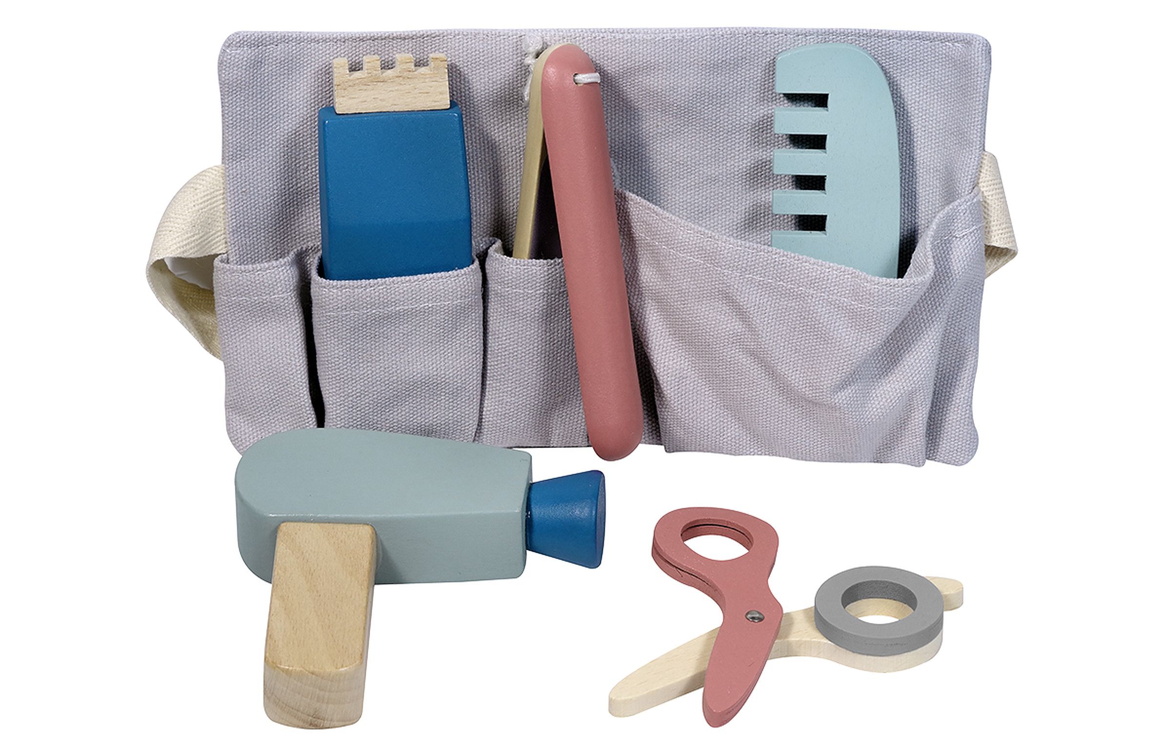 Friseursalon-Set aus Holz mit Tasche, Föhn, Schere, Kamm und Bürste. Verschiedene Farben.