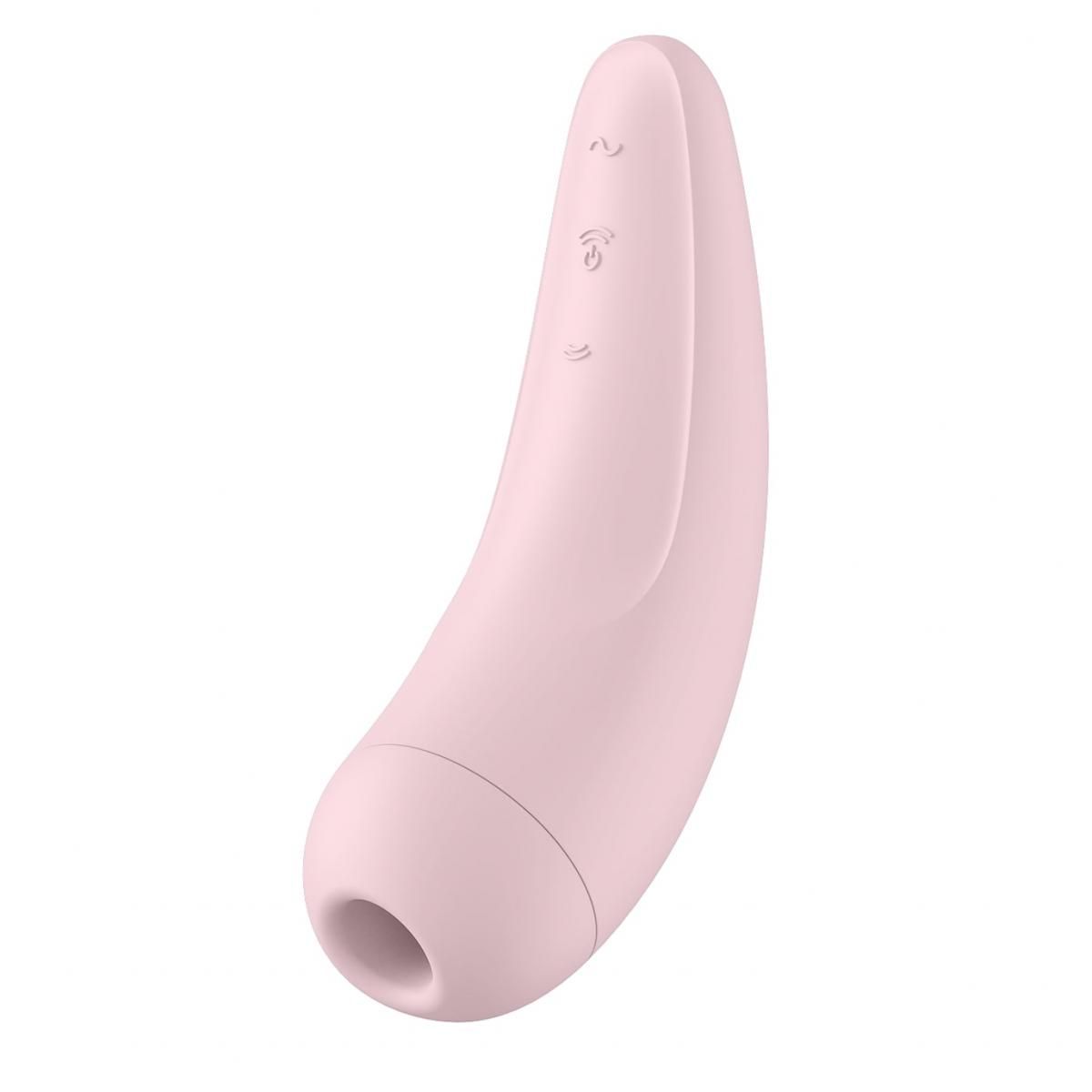 Roze wellnessproduct. Gebogen vorm met afgeronde uiteinde en knoppen. Zichtbare opening.