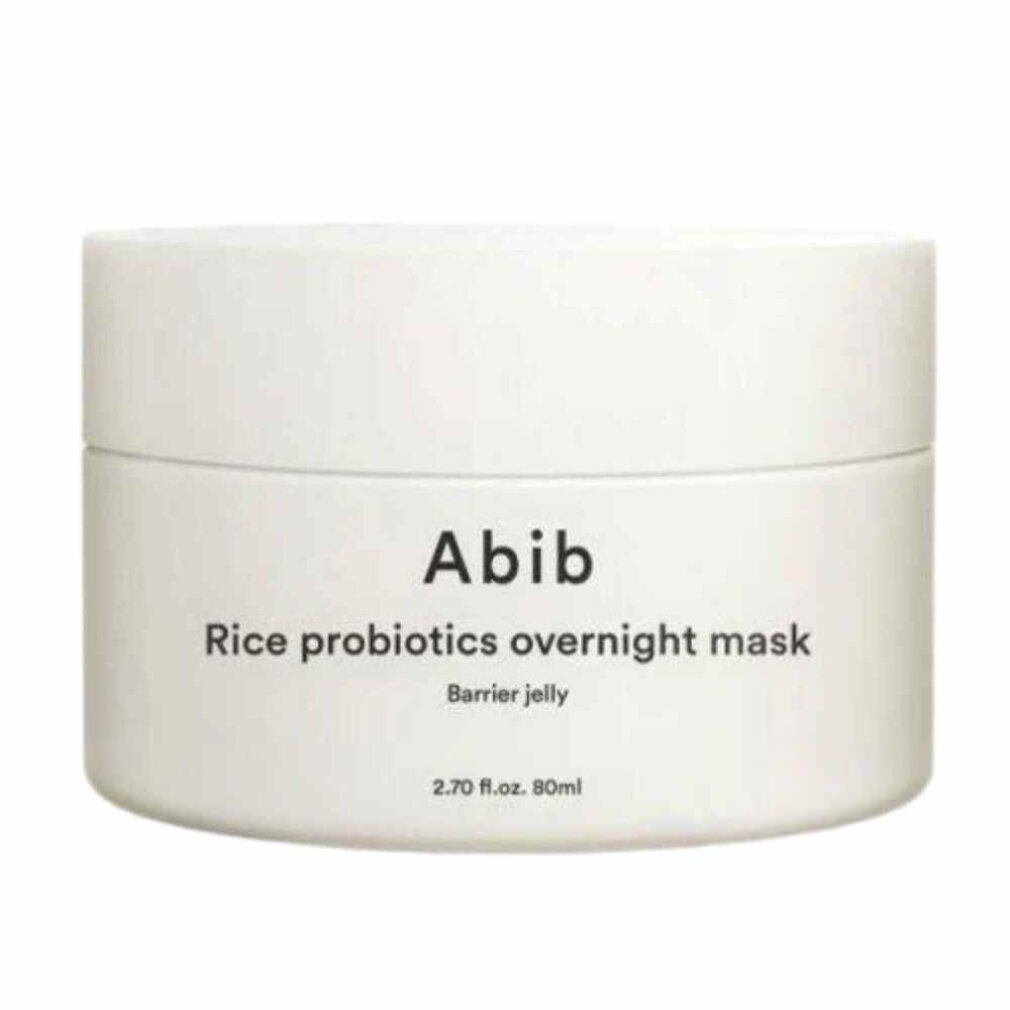 Weiße Dose mit 'Abib Rice probiotics overnight mask' Aufschrift.