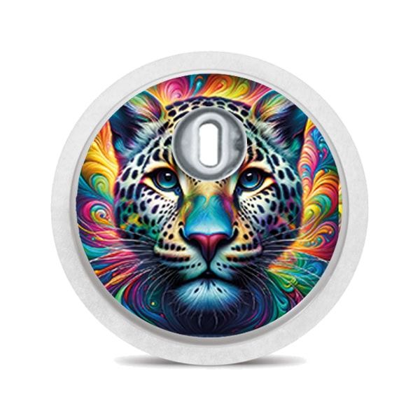 Runder Aufkleber mit einem Leopard-Gesicht. Bunte Farben. Der Aufkleber hat eine Aussparung für den Sensor.