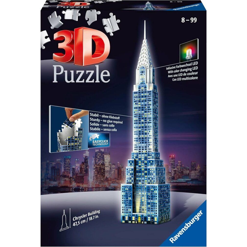 Verpackung des 3D-Puzzles Chrysler Building. Ansicht des fertigen Puzzles. Text: 3D Puzzle, Ravensburger, 47,5 cm.