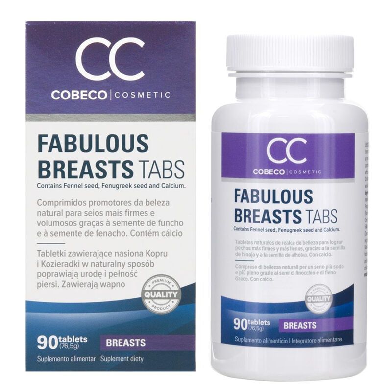 Verpackung und Flasche mit Tabletten. Aufschrift: FABULOUS BREASTS TABS. Enthält Fenchelsamen, Bockshornkleesamen und Calcium. 90 Tabletten.