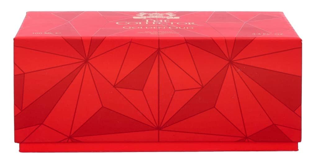 Rote Verpackung mit geometrischem Muster. Auf der Verpackung steht The Collector Golden Oud.