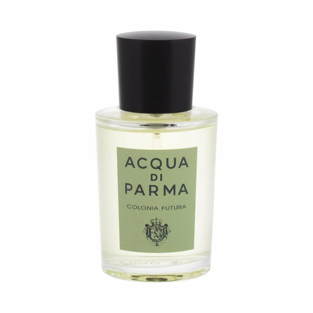 Glasflakon mit schwarzem Deckel. Aufkleber mit Schriftzug ACQUA DI PARMA COLONIA FUTURA und Logo.