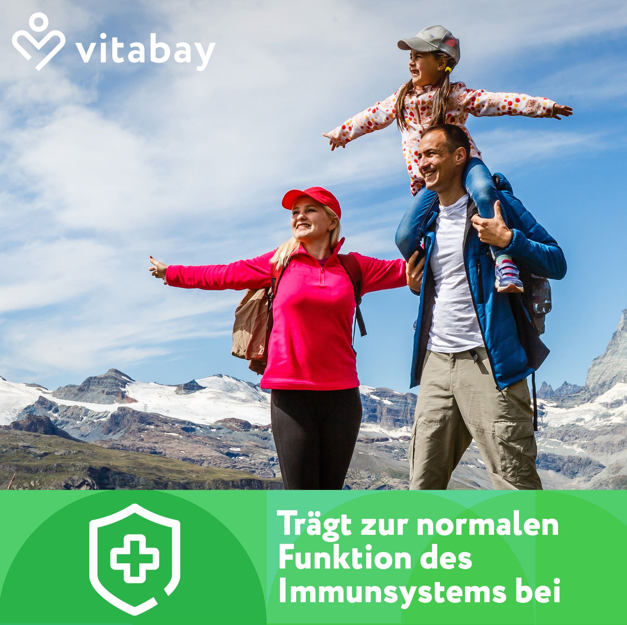 Familie auf Berg. Kind auf Schultern. Text: Trägt zur normalen Funktion des Immunsystems bei.