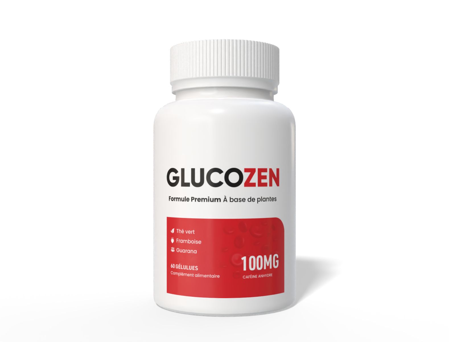 Weiße Flasche mit rotem Etikett. Aufschrift GLUCOZEN, 100MG, und Inhaltsstoffe. Kapseln.