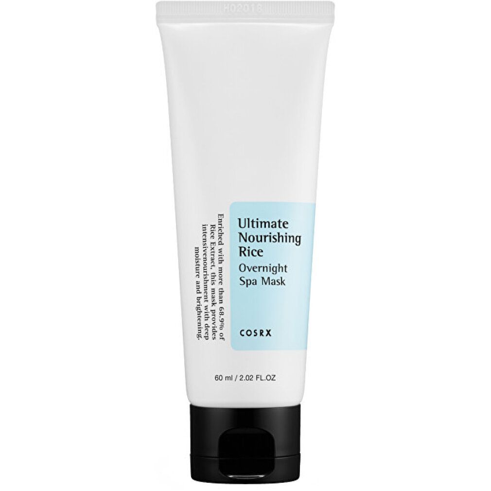 Weiße Tube mit schwarzem Deckel. Aufschrift: Ultimate Nourishing Rice Overnight Spa Mask. Marke: COSRX.