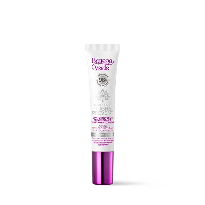 Bottega Verde Bakuchiol contorno occhi. Tubo bianco con dettagli viola. Sono stampati il nome del marchio, il nome del prodotto e altre informazioni. Il prodotto promette la prevenzione e il trattamento delle rughe. Contiene il 98% di ingredienti di origine naturale.