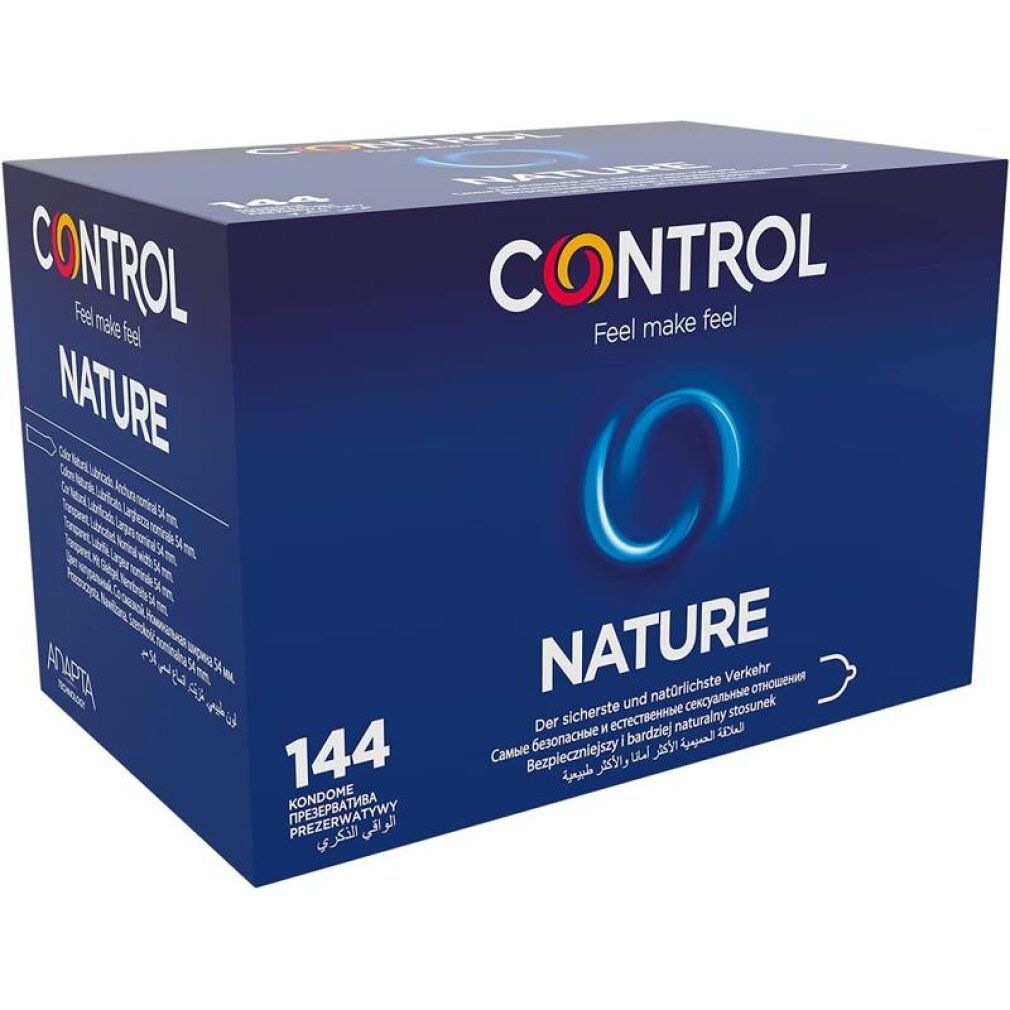 Control Nature Kondome, 144 Stück Packung. Blaue Verpackung mit Logo und Produktinformationen.