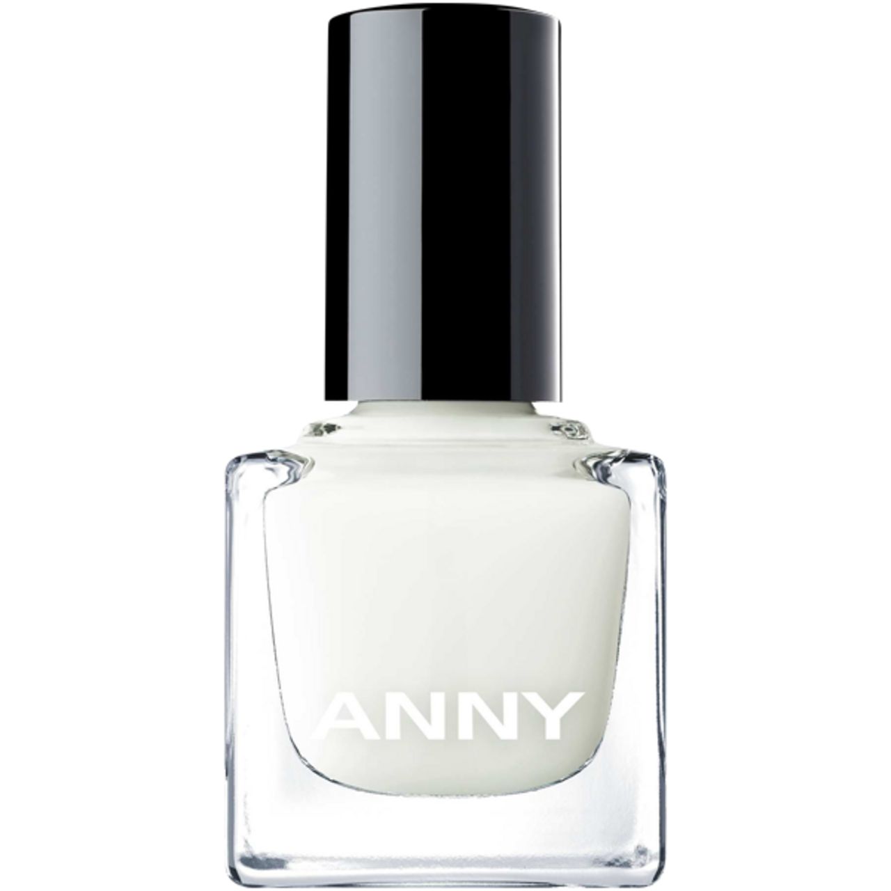 Anny Nagellackflasche, weißer Lack, schwarzer Deckel. Aufschrift: ANNY.
