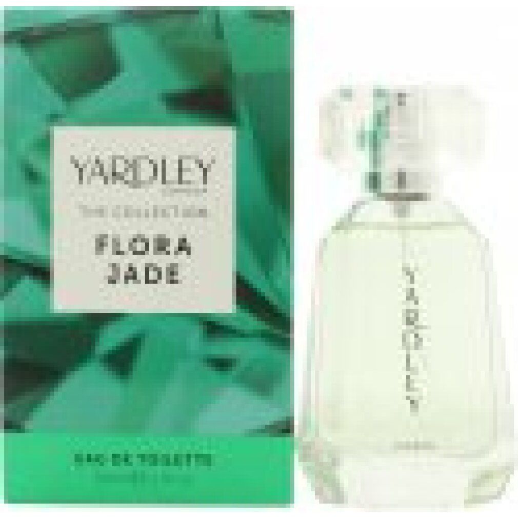 Yardley Flora Jade Eau de Toilette Spray. Flakon und Verpackung. Grün und weiß. Text: Yardley London, Flora Jade, Eau de Toilette.