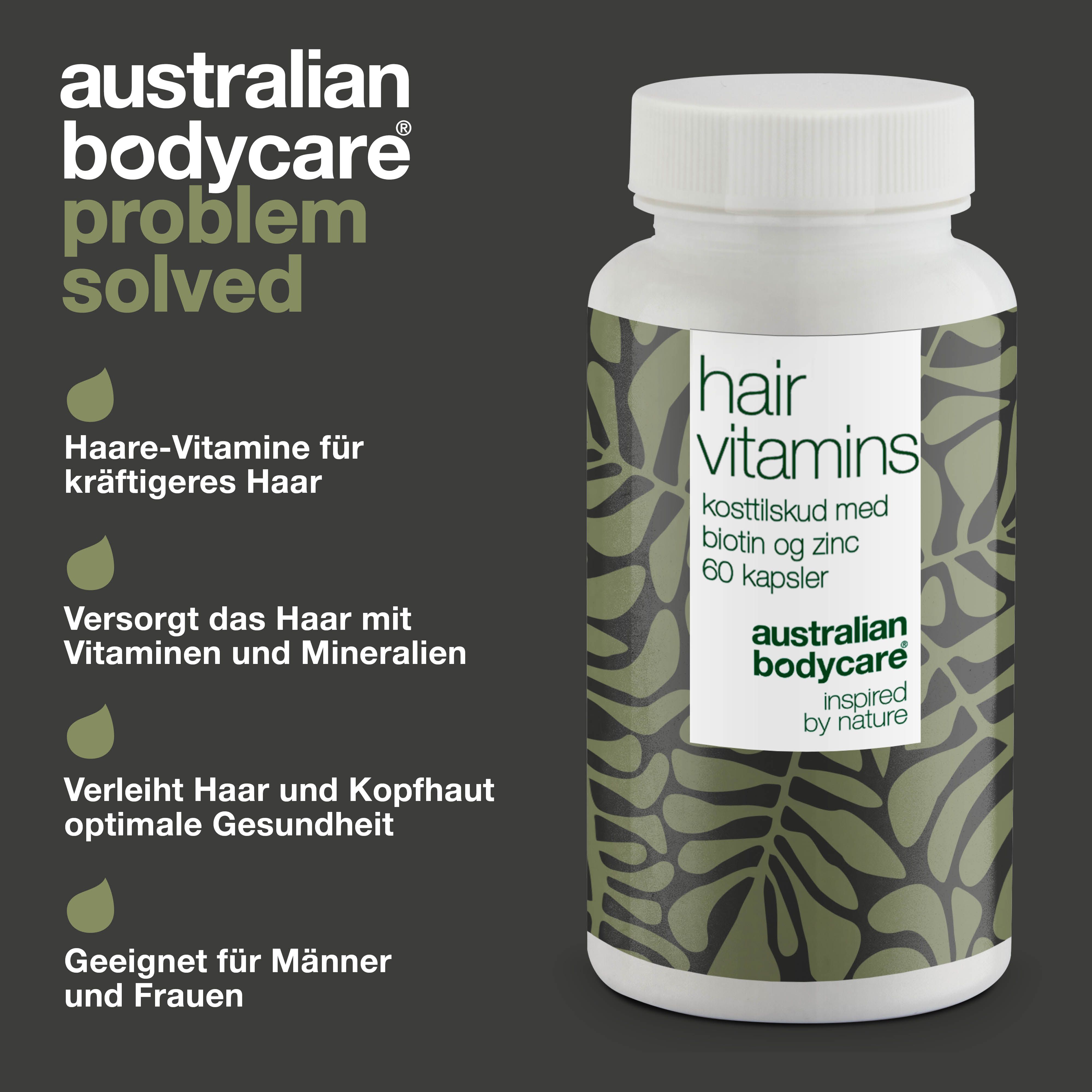 Produkt mit Text: Hair Vitamins, 60 Kapseln. Marke: Australian Bodycare. Text: Problem gelöst.