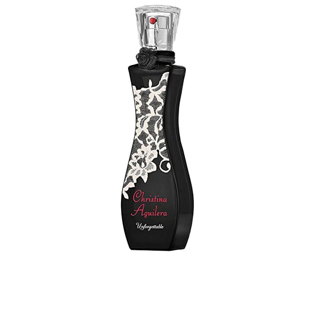 Schwarzer Flakon mit weißem Spitzenmuster. Roter Schriftzug: Christina Aguilera Unforgettable. Schwarze Rose.