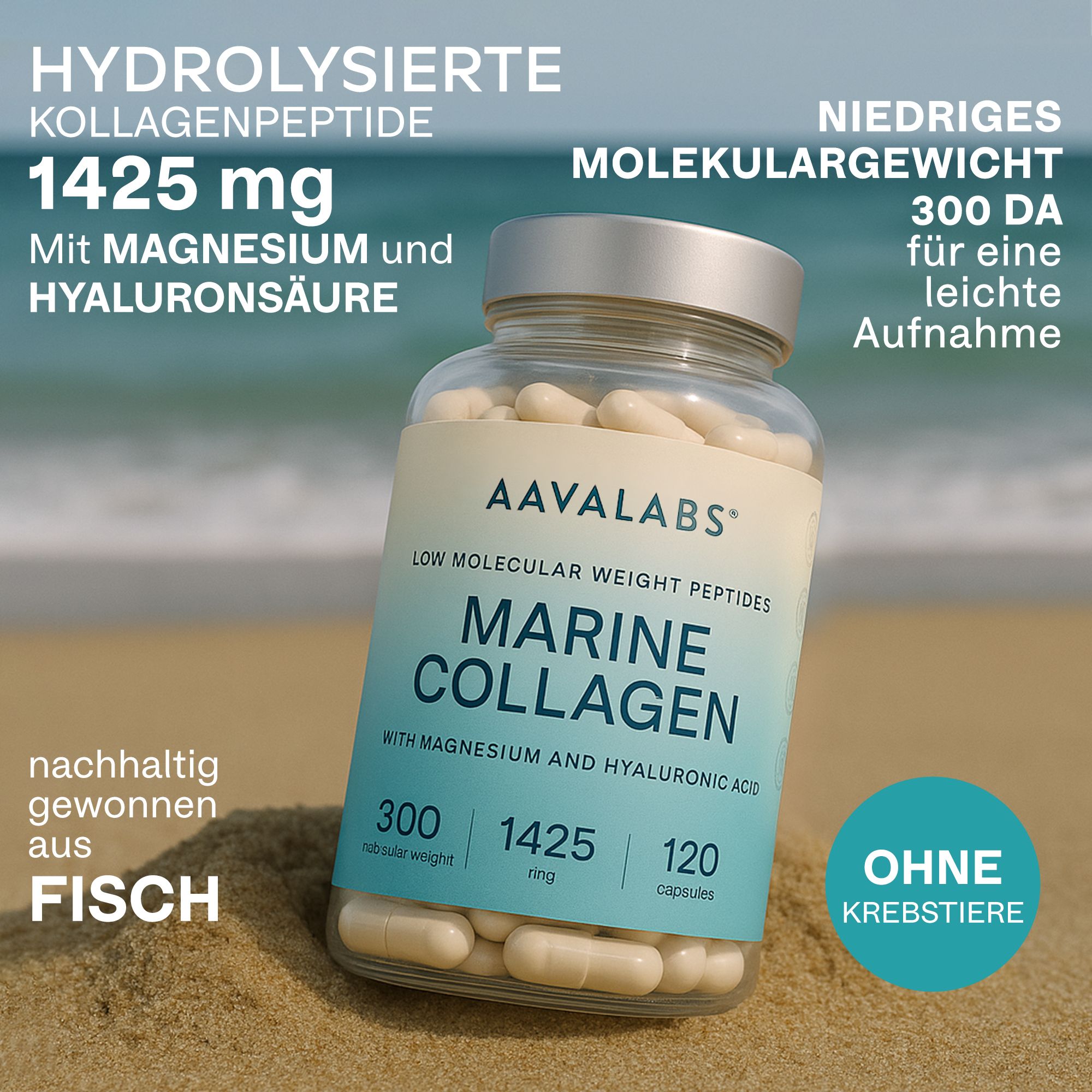 Kapseln in Glasflasche. AAVALABS Marine Collagen. Mit Magnesium und Hyaluronsäure. Auf Sand.