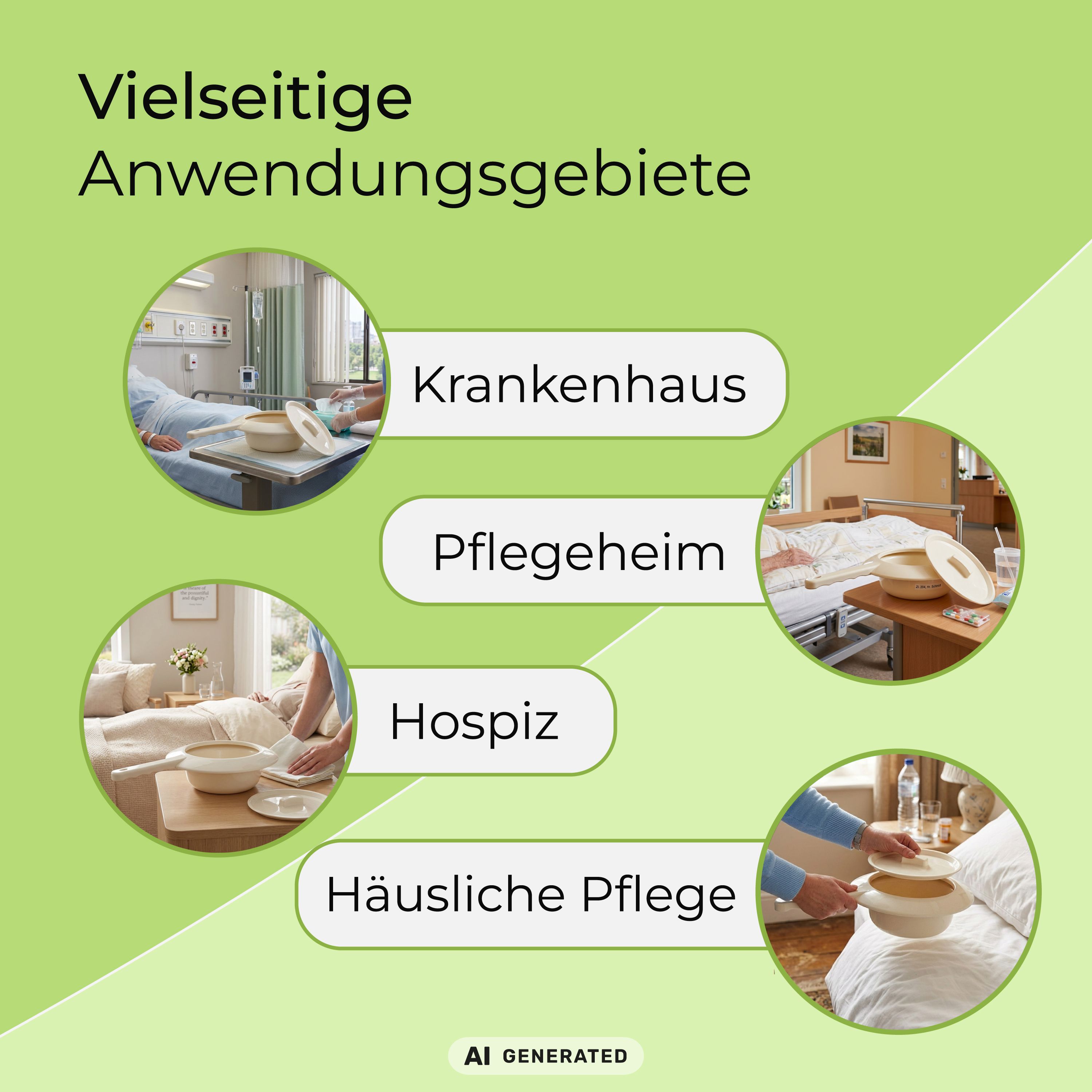 Anwendungsgebiete einer Bettpfanne: Krankenhaus, Pflegeheim, Hospiz, häusliche Pflege.
