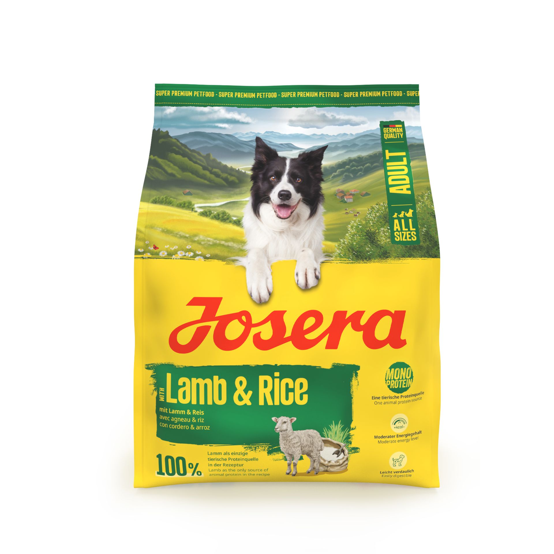 Josera Lamm & Reis Hundefutter-Sack mit Hund und Lamm-Illustration.