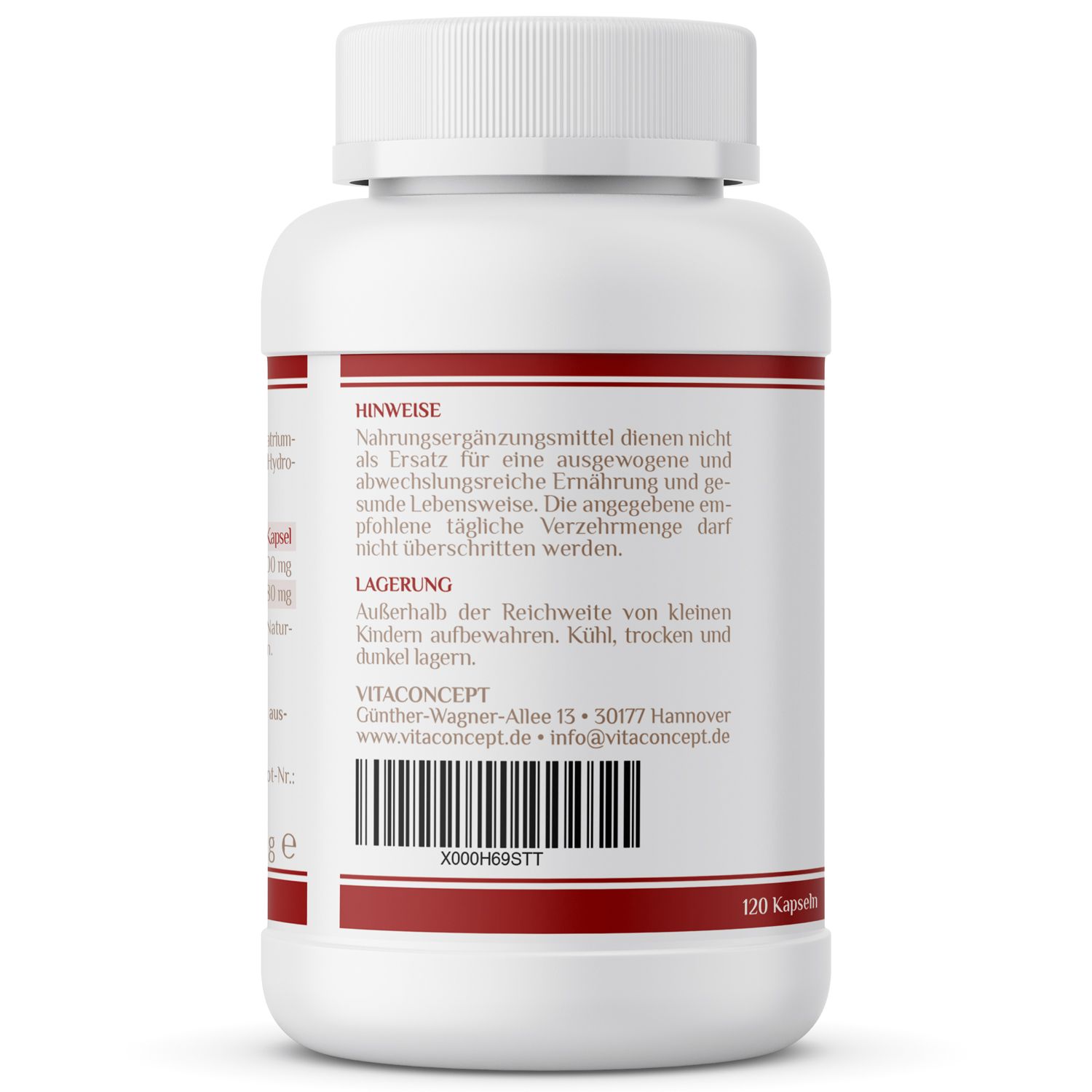 Rückseite einer weißen Flasche mit rotem Streifen. Text: Hinweise, Lagerung, Kontaktinformationen, Barcode. 120 Kapseln.