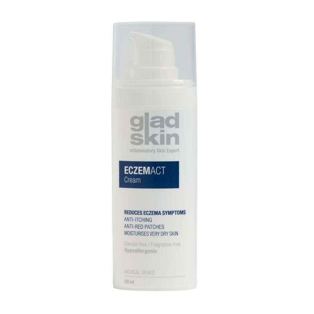 Creme-Tube mit Pumpverschluss. Aufschrift: Gladskin Eczemact Cream. Reduziert Ekzemsymptome, lindert Rötungen, befeuchtet trockene Haut.