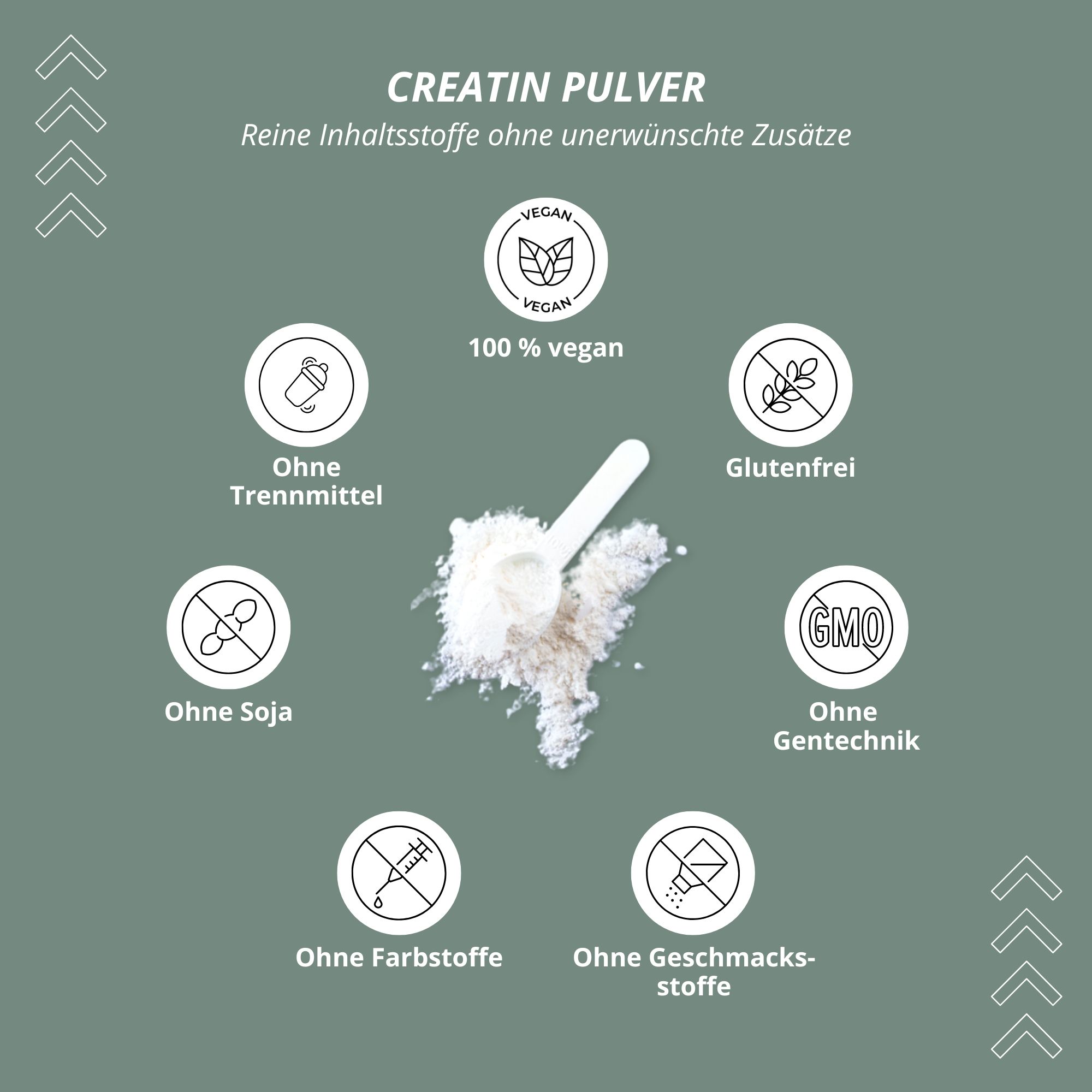 Kreisdiagramm mit Symbolen: Vegan, ohne Trennmittel, Soja, Farbstoffe, Geschmacksstoffe, Gluten, Gentechnik.
