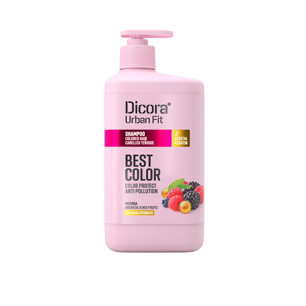 Rosa Shampoo-Flasche mit Dosierpumpe. Aufschrift: Dicora Urban Fit, Shampoo für coloriertes Haar, Best Color, mit Früchten.