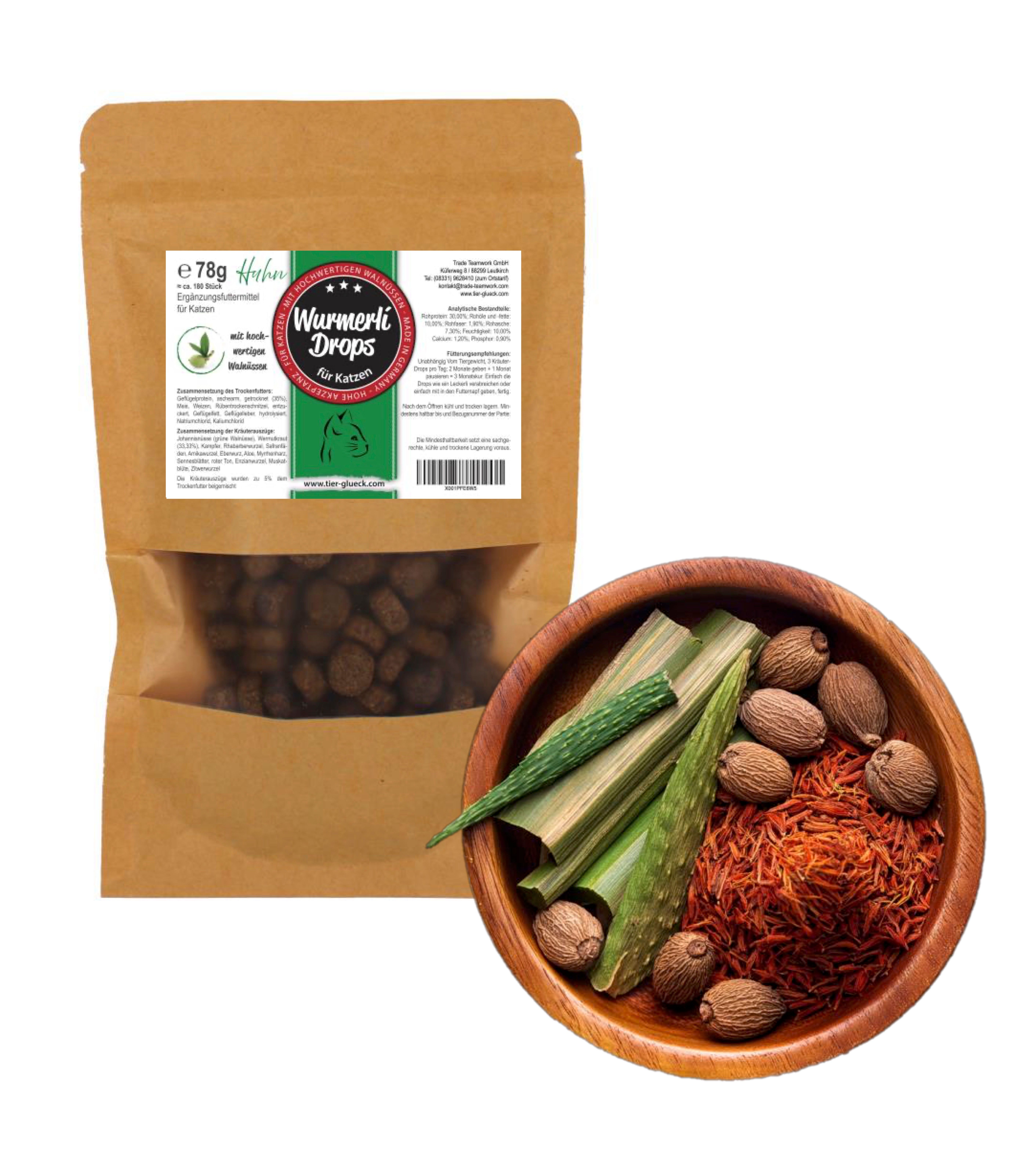 Beutel TierGlück Wurmerli Drops für Katzen. Drops in brauner Papierverpackung. Holzschale mit Zutaten daneben.