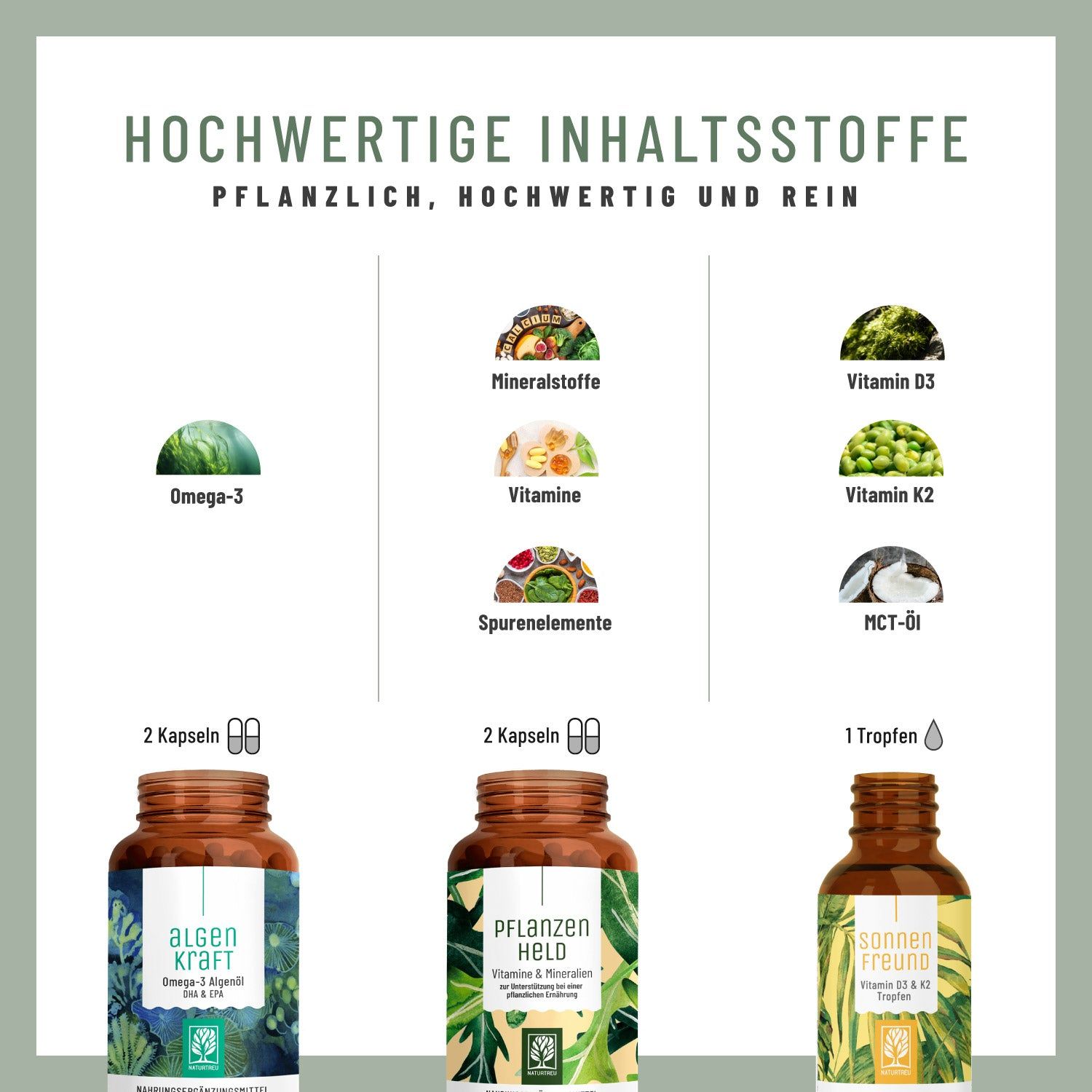 Grafik mit Inhaltsstoffen: Omega-3, Vitamine, Spurenelemente. Darunter Flaschen: ALGENKRAFT, PFLANZENHELD, SONNENFREUND. Dosierungsangaben.