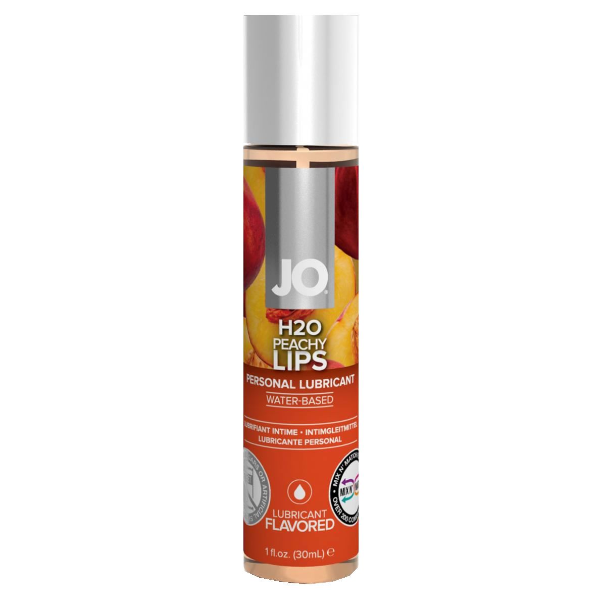 Zylindrische Flasche mit silberner Kappe. Aufschrift: JO H2O Peachy Lips, Personal Lubricant, Water Based, Lubricant Flavored.