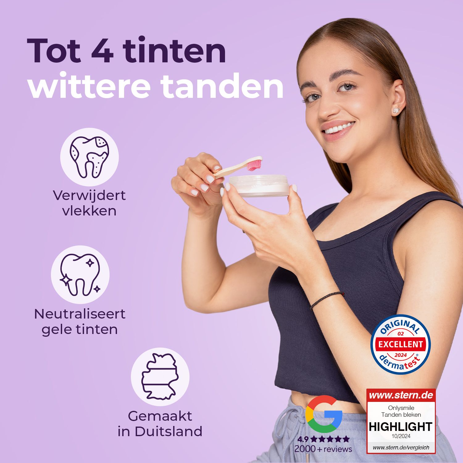 Vrouw met Onlysmile-product en lepel. Tekst: Tot 4 tinten wittere tanden, verwijdert vlekken, neutraliseert gele tinten.