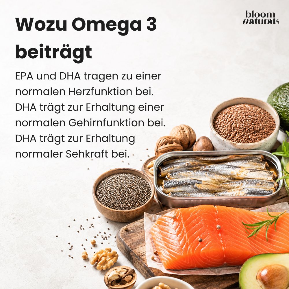 Zutaten für Omega 3: Lachsfilet, Sardinen in Dose, Leinsamen, Chiasamen, Walnüsse, Avocado.