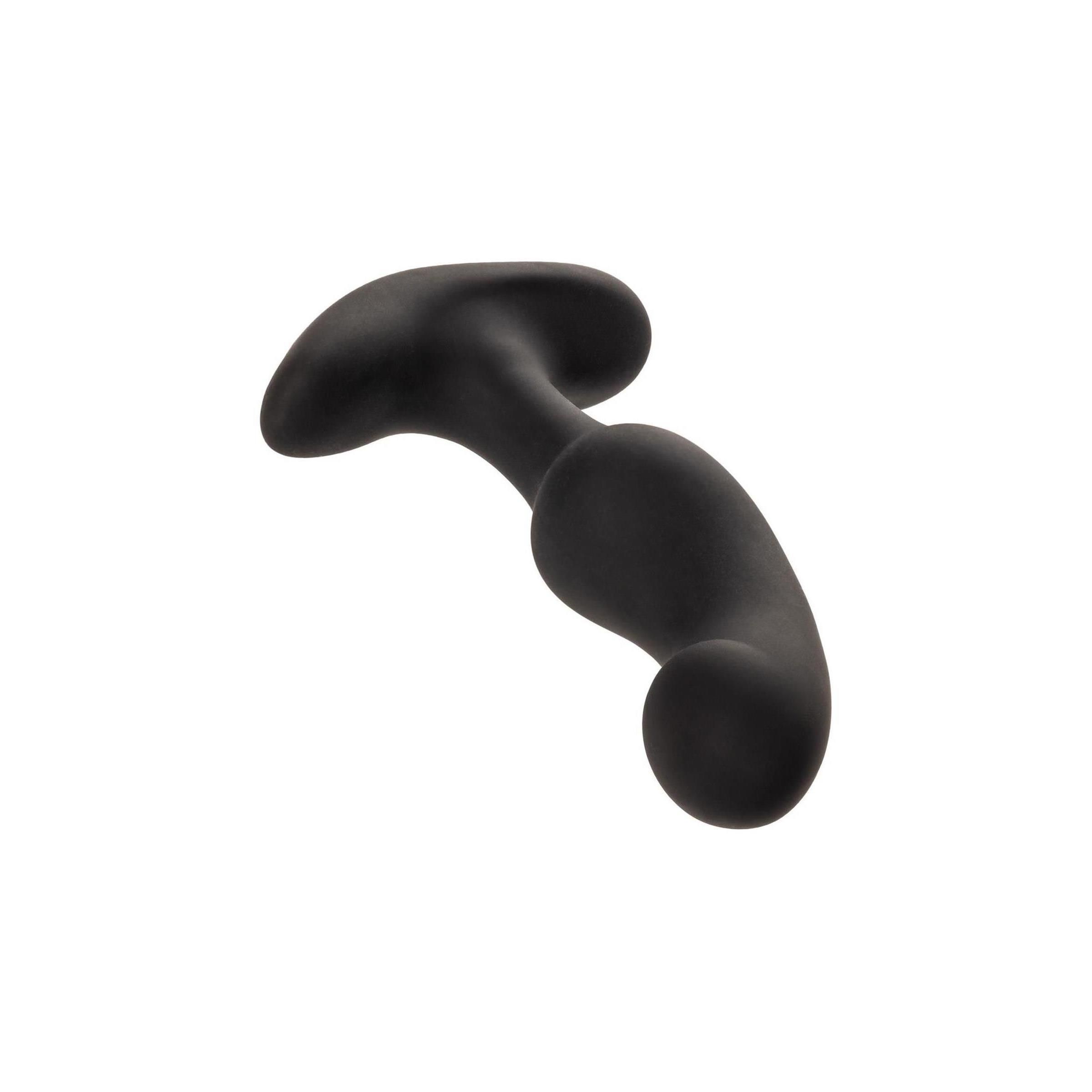 Schwarzer, gebogener Anal-Stimulator. Gebogene Form mit abgerundeter Spitze und T-förmiger Basis. Aus schwarzem Material.