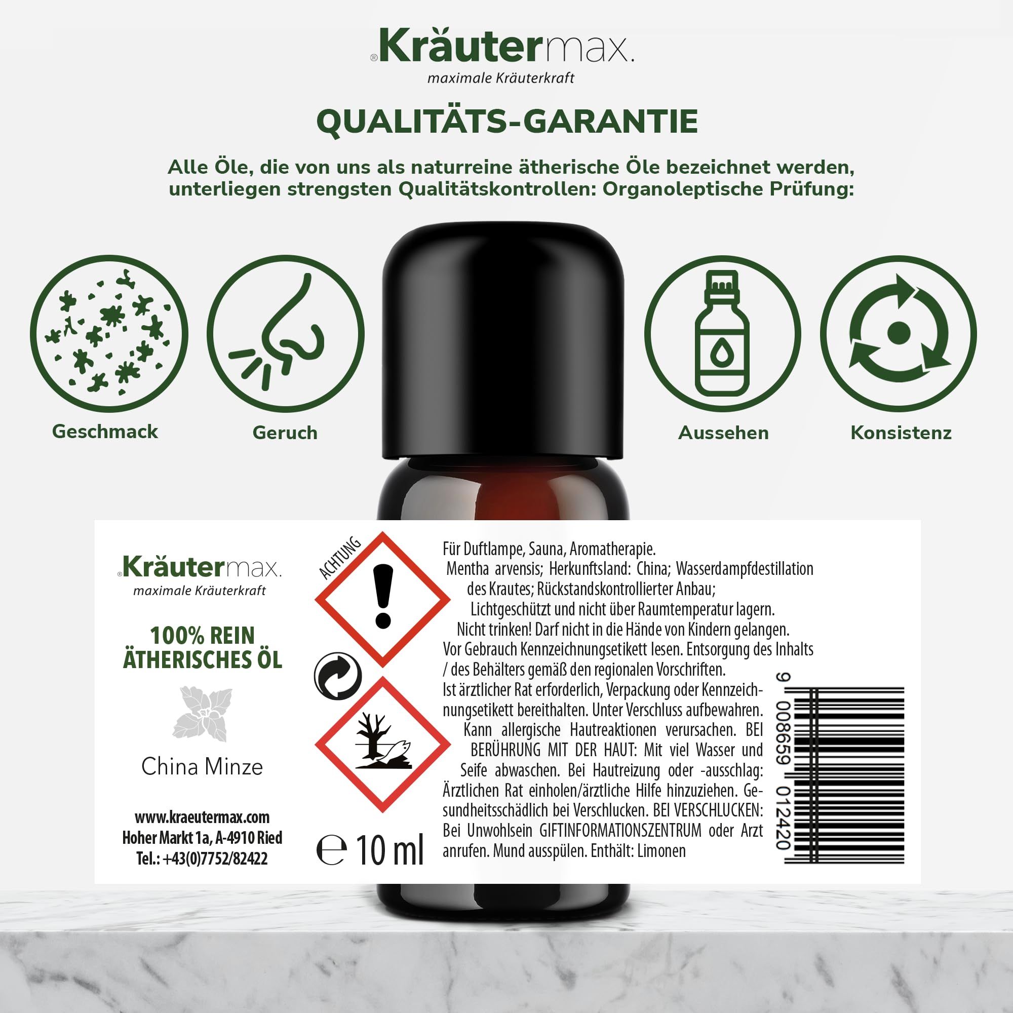 Braune Glasflasche mit schwarzem Deckel. Etikett mit Text und Warnhinweisen. Text: 100% reines ätherisches Öl.